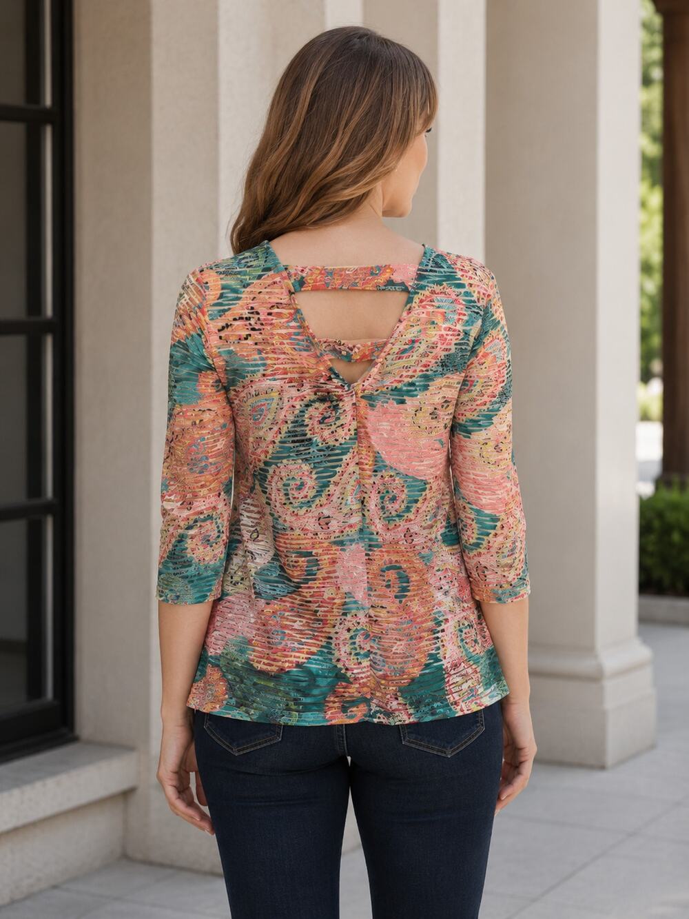 Petite Small Floral Mesh Blouse Open Back Cutout Paisley 3/4 Sleeve Sheer Top
